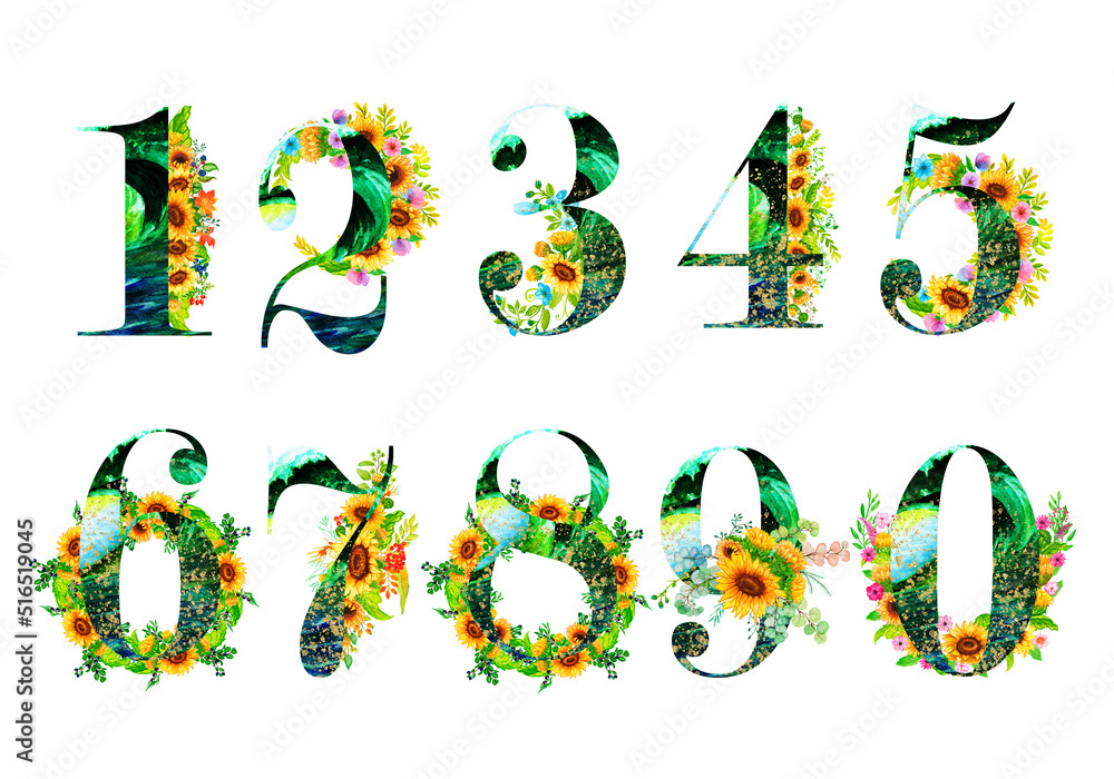 A watercolor collection of romantic green numbers with hand drawn sunflowers,flowers and leaves .Suitable for poster printing, print, for design work, for cards and wedding invitations.
A watercolor collection of romantic green numbers with hand drawn sunflowers,flowers and leaves .Suitable for poster printing, print, for design work, for cards and wedding invitations.