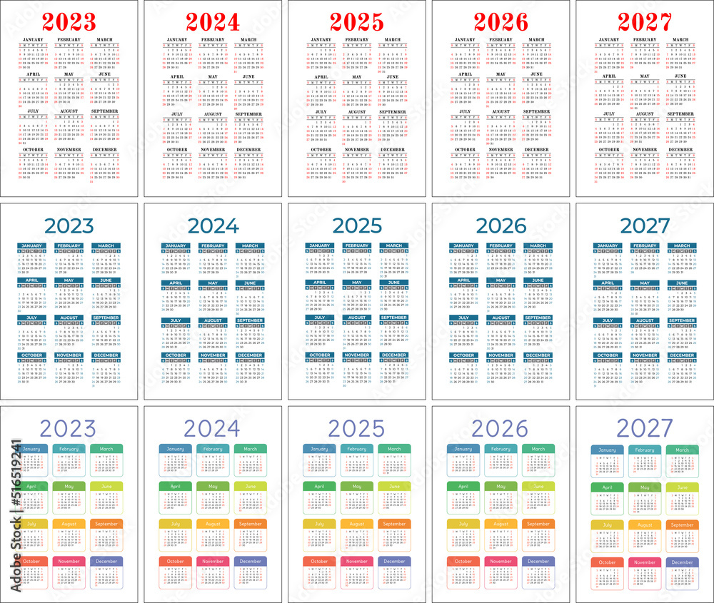 2023, 2024, 2025, 2026 and 2027 calendar set. Color vector calender design. Week starts on Sunday. January, February, March, April, May, June, July, August, September, October, November, December 2023, 2024, 2025, 2026 and 2027 calendar set. Color vector calender design. Week starts on Sunday. January, February, March, April, May, June, July, August, September, October, November, December