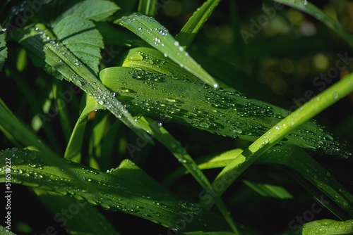 Beautiful large drop morning dew in nature, selective focus. Drops of clean transparent water on leaves. Sun glare in drop. Image in green tones. Spring summer natural background.
