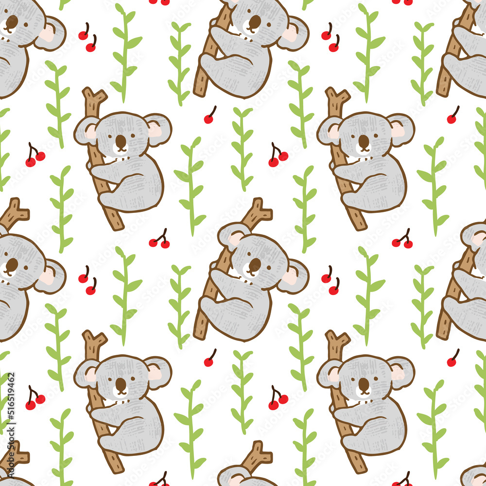 Fototapeta premium Seamless Pattern with Cartoon Koala and Leaf Design on White Background