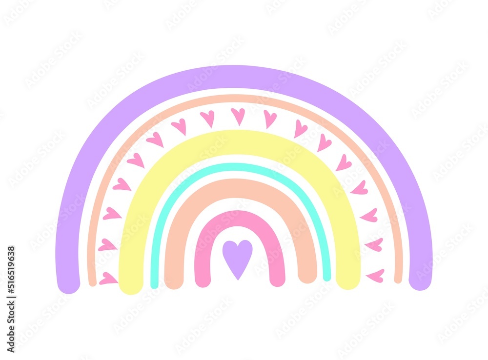 Cute handdrawn boho rainbow with little heart. Simple style nursery wall art for baby boy and baby girl. Vector Illustration ideal as card, invitation, poster Cute handdrawn boho rainbow with little heart. Simple style nursery wall art for baby boy and baby girl. Vector Illustration ideal as card, invitation, poster