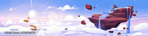 Waterfall cascade on flying rock island in sky above clouds cartoon fantasy landscape. Stream flowing from mountain piece under sunshine. Water jet falling from stone, Vector illustration, background