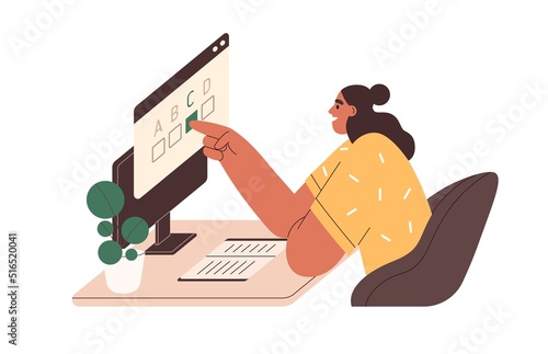 Student choosing, ticking right answer in online distant test. Person passing internet exam, checking knowledge. E-learning, education concept. Flat vector illustration isolated on white background