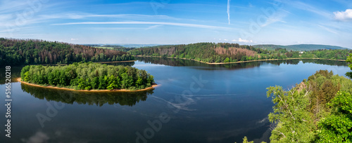 Lake and island with trees. Water reservoir Sec, Czech Republic, Europe