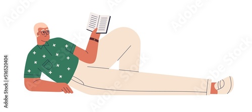 Young man lying with open book at leisure time. Adult male reader. Student learning for exam. Paper literature fan relaxing. Reading hobby. Flat vector illustration isolated on white background