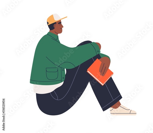 Black man sitting with paper book in hand. Literature fan, reader reading, relaxing, dreaming, thinking at leisure time. Young guy with novel. Flat vector illustration isolated on white background