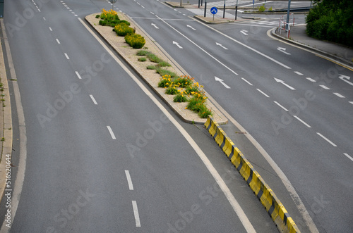 horizontal stripes for traffic signs. highway concrete barriers on the road. vehicle lane separator. yellow color with black stripes. flowerbed with blue perennials between the lanes of the highway