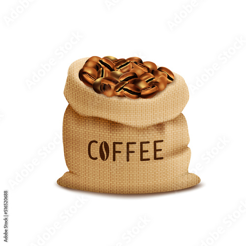 Burlap bag with coffee beans and the inscription coffee, food product, beans for a drink.