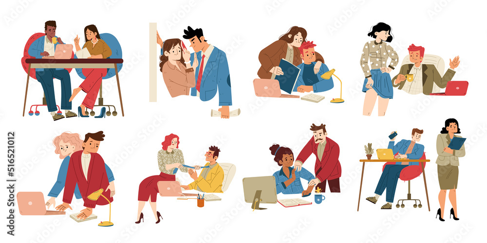 Sexual harassment at work, lustful colleague or boss covet employee at workplace Abuse, inappropriate touches and harassing problem in office. Concept of soliciting, Flat vector line art illustration - obrazy, fototapety, plakaty 