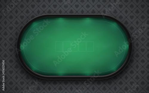 Poker table with realistic black leather frame, made of green dense fabric with illuminated borders. Eps10 vector