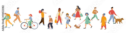Diverse pedestrian walk, passerby people tourist with bag, shopper, teenager, student or schoolgirl, senior and young characters, men and women with dog dwellers Line art flat vector illustration