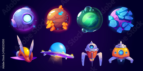Alien spaceship, fantasy planets game icons vector set. Funny rockets, ufo shuttles cartoon collection illustrations isolated on white background. Cute cosmic objects, computer game graphic elements