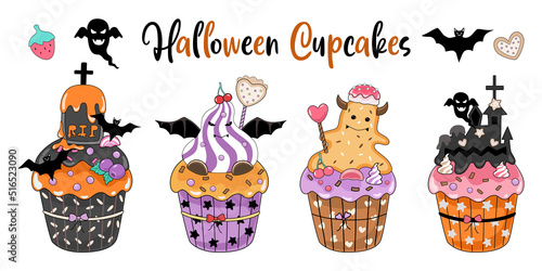 Halloween Cupcakes Designed in doodle style on white background. Great for decorating Halloween themes, cards, tshirt designs, pillows, stickers, digital prints and more.