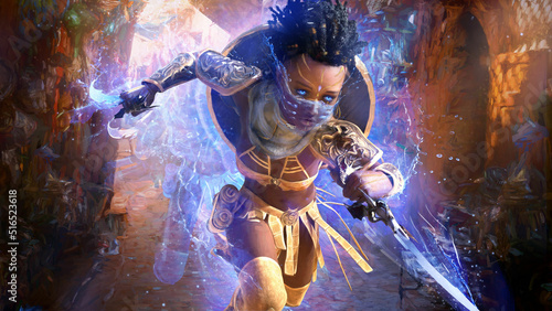 A young black robber girl is running fast through oriental bazaar with magic blades in her hands, leaving an illusory water trail behind, she has dreadlocks, armor plates and shields. 3d rendering