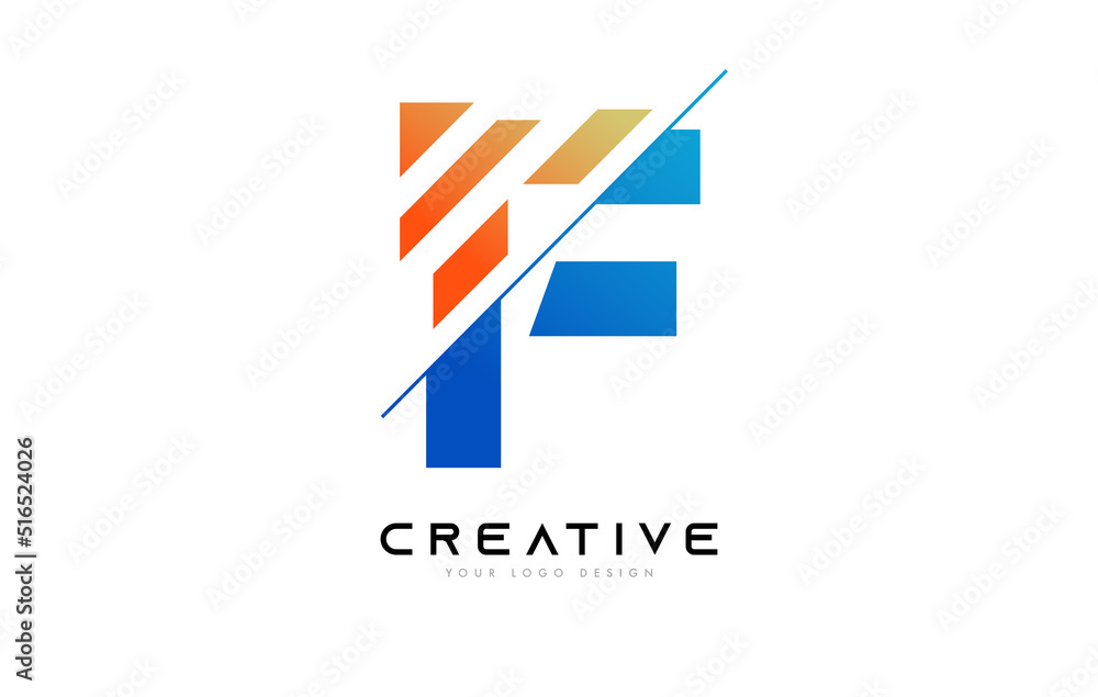 Sliced Letter F Logo Icon Design with Blue and Orange Colors and Cut Slices Sliced Letter F Logo Icon Design with Blue and Orange Colors and Cut Slices
