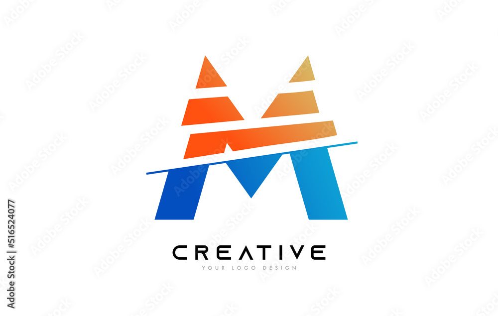 Obraz premium Sliced Letter M Logo Icon Design with Blue and Orange Colors and Cut Slices