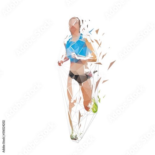 Running woman, front view. Abstract low polygonal isolated vector illustration. Geometric female marathon runner from triangles