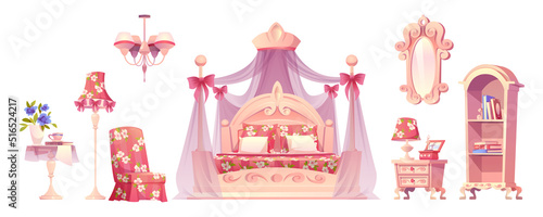 Pink bedroom, princess room furniture with floral pattern. Luxury interior elements, romantic vintage bed with canopy, floor and ceiling lamp, mirror, table and armchair, isolated cartoon vector set