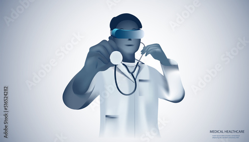 Abstract health consist doctor white with stethoscope and VR Glasses digital technology concept telemedicine online doctor modern medical technology,Treatment,medicine on hi tech future background.