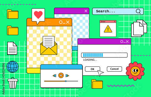 Vaporwave pc desktop with different message boxes and  user interface elements. Vaporwave style UI vector illustration. Retro browser computer window 90s