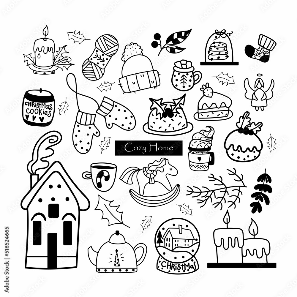 Cute doodle christmas set with fir tree, candle, toys, balls, lollipop, sweets and gift box. Hand drawn winter vector illustration for seasonal design. Cute doodle christmas set with fir tree, candle, toys, balls, lollipop, sweets and gift box. Hand drawn winter vector illustration for seasonal design.