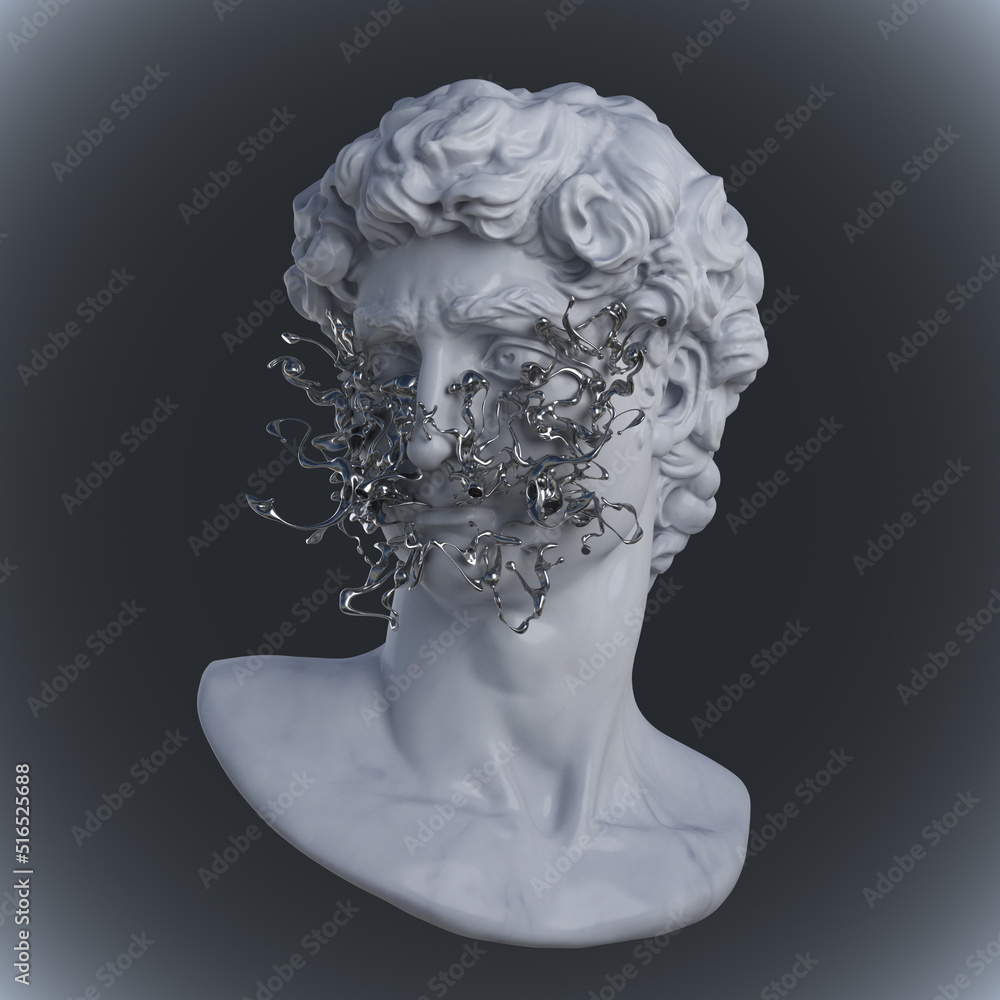 Abstract concept illustration from 3D rendering of white marble classical male bust head with abstract silver chrome reflecting face-piece isolated on dark grey background.