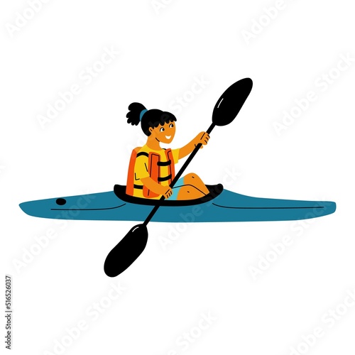Girl kayaking. Female with life vest paddling kayak boat.