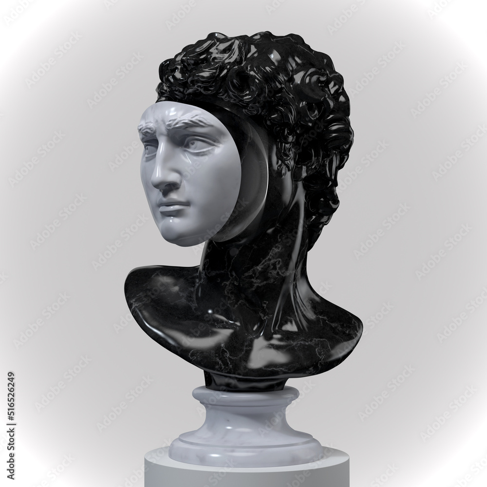 Abstract illustration from 3D rendering of a black marble bust of male classical sculpture with white face cut-out and dislocated forwards on a pedestal and isolated on grey background.