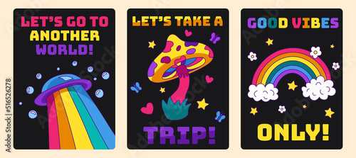 Set Of Trendy Acid Psychedelic Rave Posters. Trippy magic mushrooms, colorful rainbow and ufo spaceship. Flyers in y2k style for print. Retro Hippy Slogans. Vector illustration for your art design