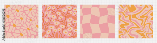 Fototapeta Naklejka Na Ścianę i Meble -  Groovy summer seamless pattern set - floral, checkered, marble. Funky retro aesthetic prints for modern fabric design with melting organic shapes.