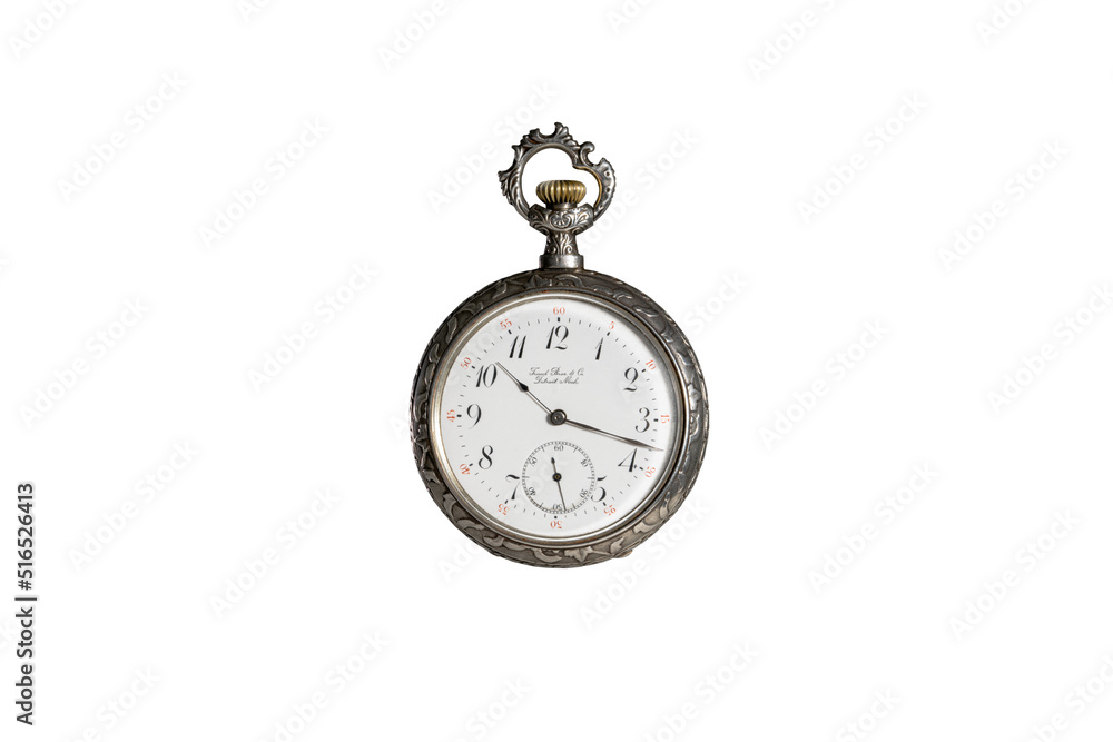 Silver mechanical antique pocket watch on white isolated background. Retro pocketwatch with second, minute and hour hand. Old round clock with dial for gentleman. American vintage timepiece.