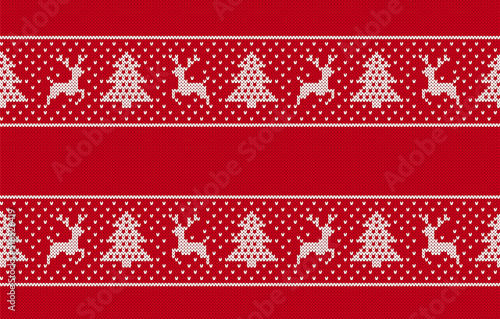 Christmas seamless pattern with deers and trees. Red knit print. Knitted sweater background. Xmas geometric texture. Holiday fair isle traditional ornament. Festive border. Vector illustration