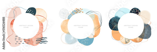 Set of abstract art round frame background. Watercolor spots, texture brushes, paint strokes, jagged shapes, crooked shapes, wavy lines and streaks. Hand drawn.