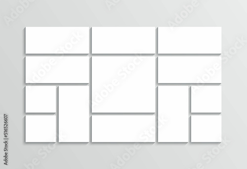 Album brandboard template. Photo collage grid. Moodboard background. Gallery banner. Mosaic pictures frame. Simple scrapbook layout. Portfolio images. Collection photoframe. Vector illustration