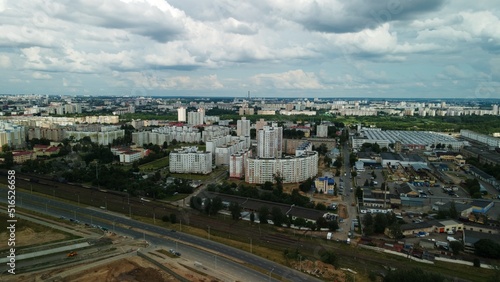 City block. The railway line and motorway pass nearby. Aerial photography.