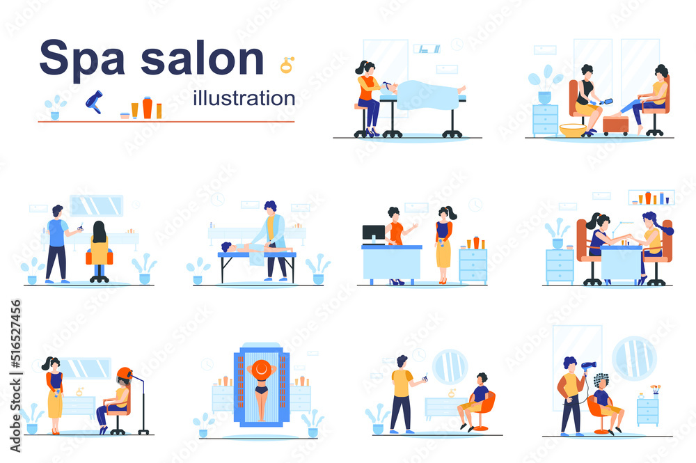 Spa salon concept scenes seo with tiny people in flat design. Men and women get beauty procedures, massages, body treatments, manicure, pedicure. Vector illustration visual stories collection for web