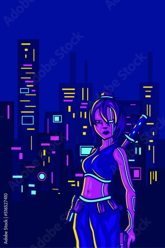 Samurai woman cyberpunk logo line pop art portrait fiction colorful design with dark background. 