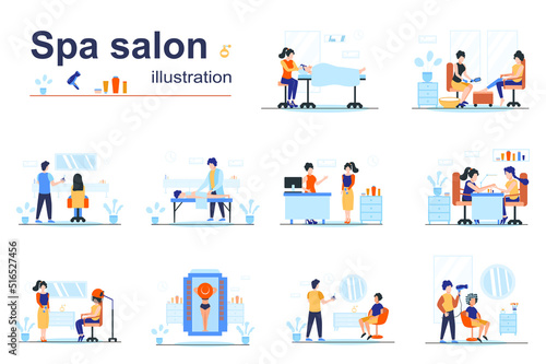 Spa salon concept scenes seo with tiny people in flat design. Men and women get beauty procedures, massages, body treatments, manicure, pedicure. Vector illustration visual stories collection for web