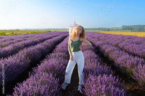 Fototapeta Naklejka Na Ścianę i Meble -  A woman walking between blossoms of the lavender field in the morning