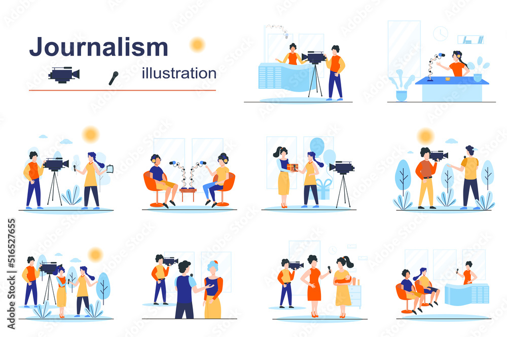 Journalism concept scenes seo with tiny people in flat design. Men and women work on television, recording TV shows, breaking news and news media. Vector illustration visual stories collection for web