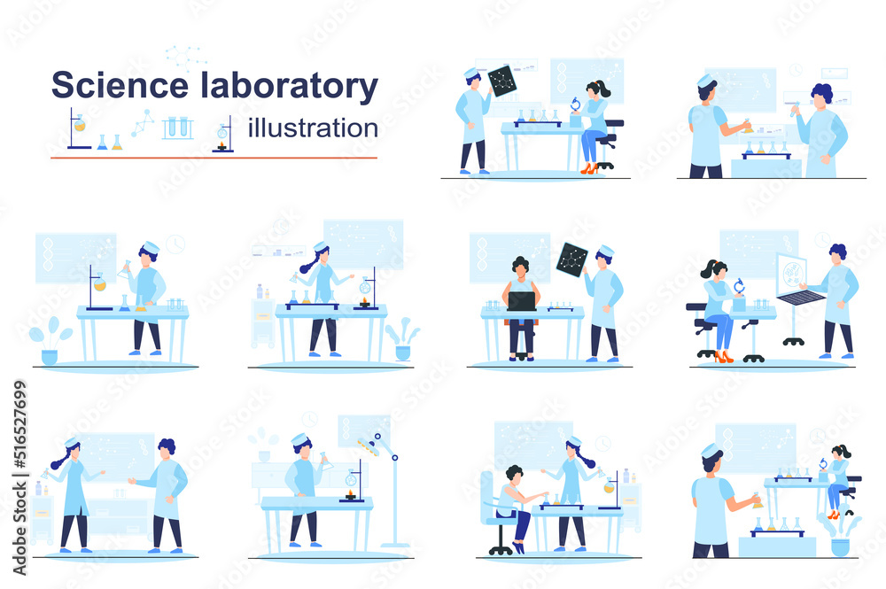 Science laboratory concept scenes seo with tiny people in flat design. Men and women work on lab equipment, do tests and scientific discoveries. Vector illustration visual stories collection for web