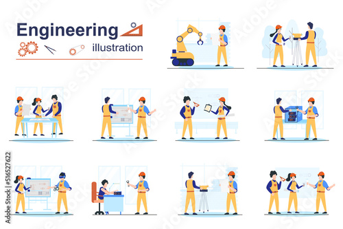Engineering concept scenes seo with tiny people in flat design. Men and women in helmets working as architect and surveyor, drawing blueprints. Vector illustration visual stories collection for web
