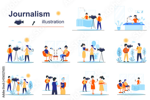 Journalism concept scenes seo with tiny people in flat design. Men and women work on television, recording TV shows, breaking news and news media. Vector illustration visual stories collection for web