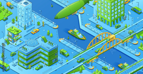Isometric cityscape, city map with buildings, transport on streets, bridges over river and flying airship. Vector illustration of urban infrastructure, town district with houses, roads, cars