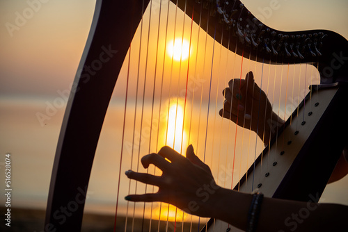 Fényképezés Closeup hands of girl plays on a Celtic harp by the sea at sunset