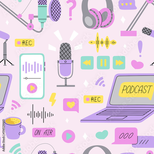 Seamless pattern with different podcast stuff. Headphones, microphones, laptop, equalizer, speech bubbles. Hand drawn vector illustration isolated on colored background. Modern flat cartoon style