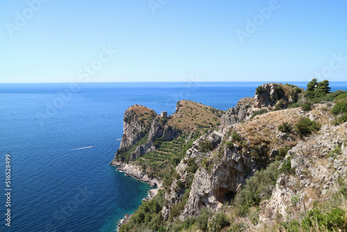 View of a stretch of Mediterranean coast in the province of Naples, Italy.