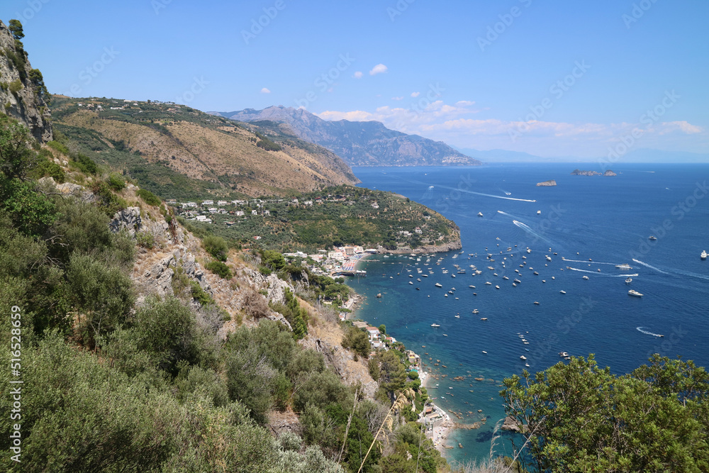 View of a stretch of Mediterranean coast in the province of Naples, Italy.