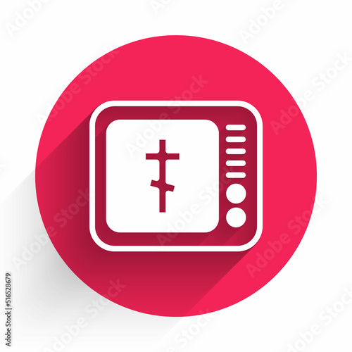 White Online church pastor preaching video streaming icon isolated with long shadow. Online church of Jesus Christ. Red circle button. Vector