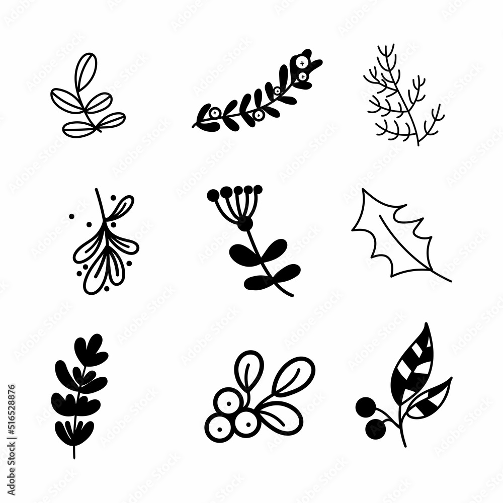 Cute doodle set of christmas tree, spruce and mistletoe branches and leaves icons. Hand drawn vector illustration. Winter elements for greeting cards, posters, stickers and seasonal design.